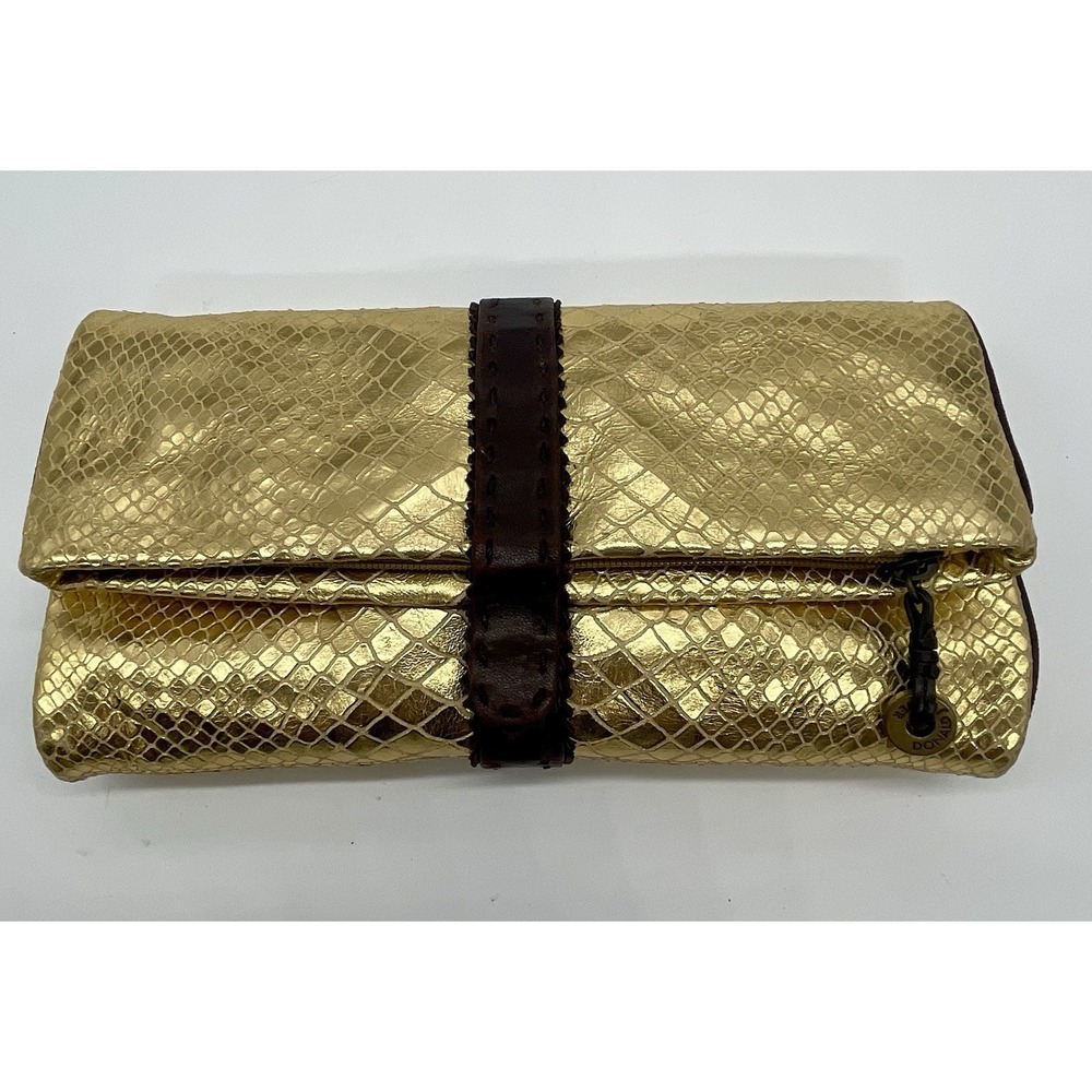Donald Pliner Metallic Bronze Fold Wristlet Clutch Leather Party Wedding  Y2K